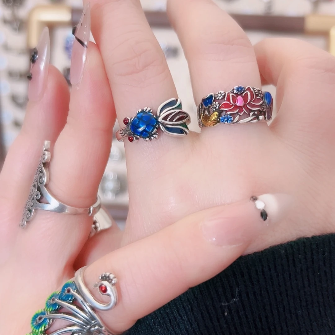 铜合金新款小鱼加莲花戒指彩色