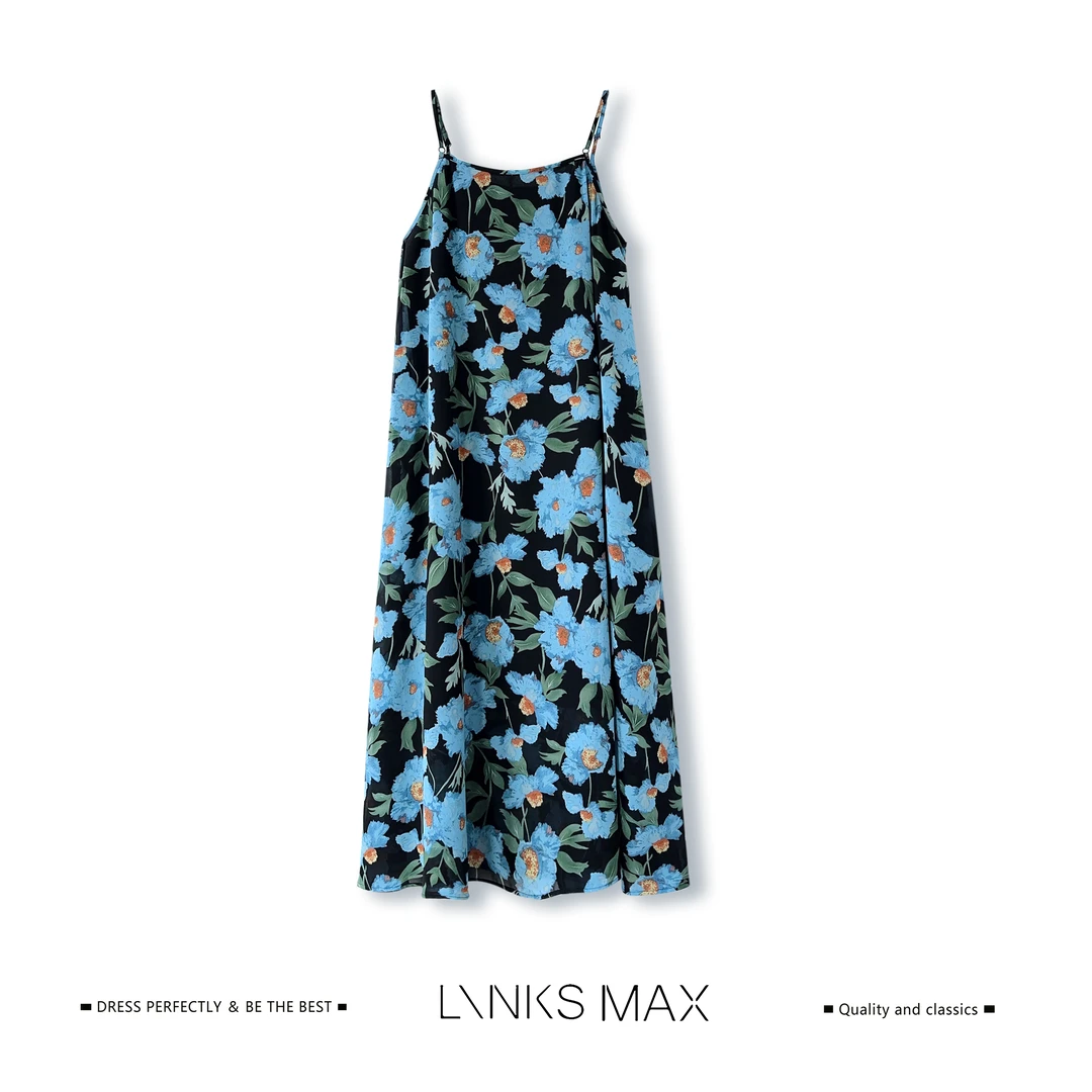 Links Max【可可专属】蓝色油画高级感印花吊带连衣裙26121