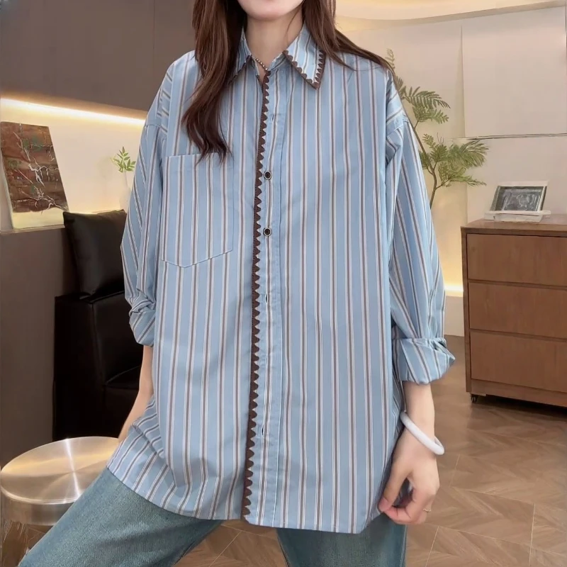 美式复古撞色条纹衬衫女秋季2025新款设计感宽松百搭别致长袖上衣