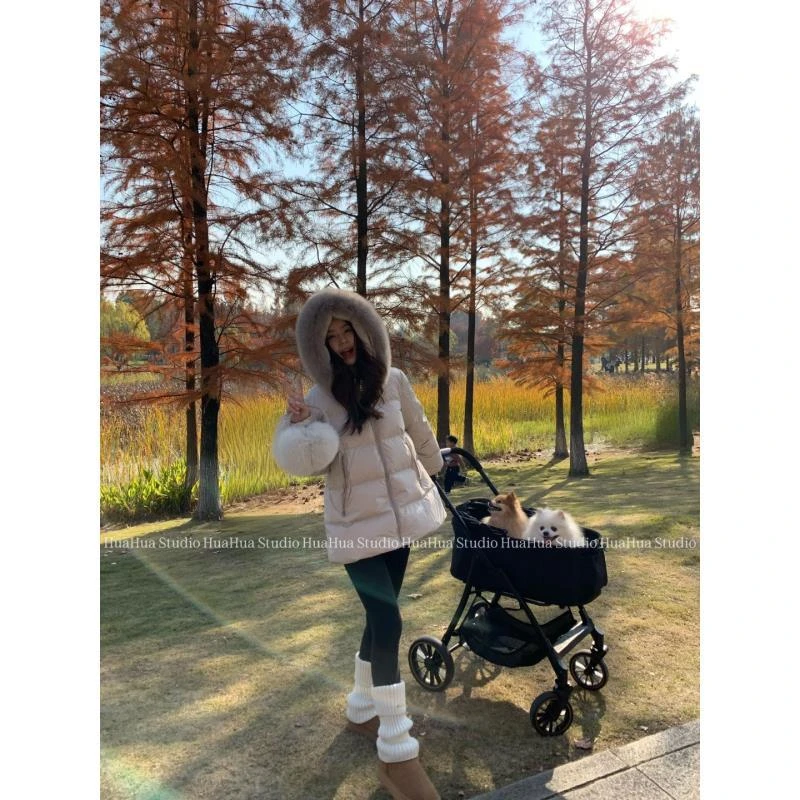 【花花】经典小蒙~韩版真毛领连帽款保暖90白鸭绒A字版显瘦羽绒服