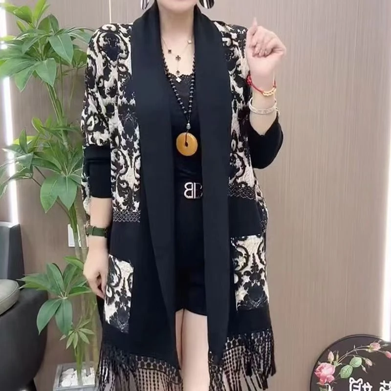 时髦妈妈时尚气质流苏披肩上衣春秋款宽松减龄拼接中长款开衫女