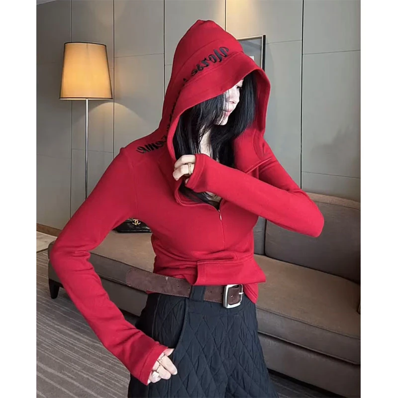 萱贝纯字母刺绣长袖上衣女2025年秋冬新款气质修身显瘦连帽打底衫