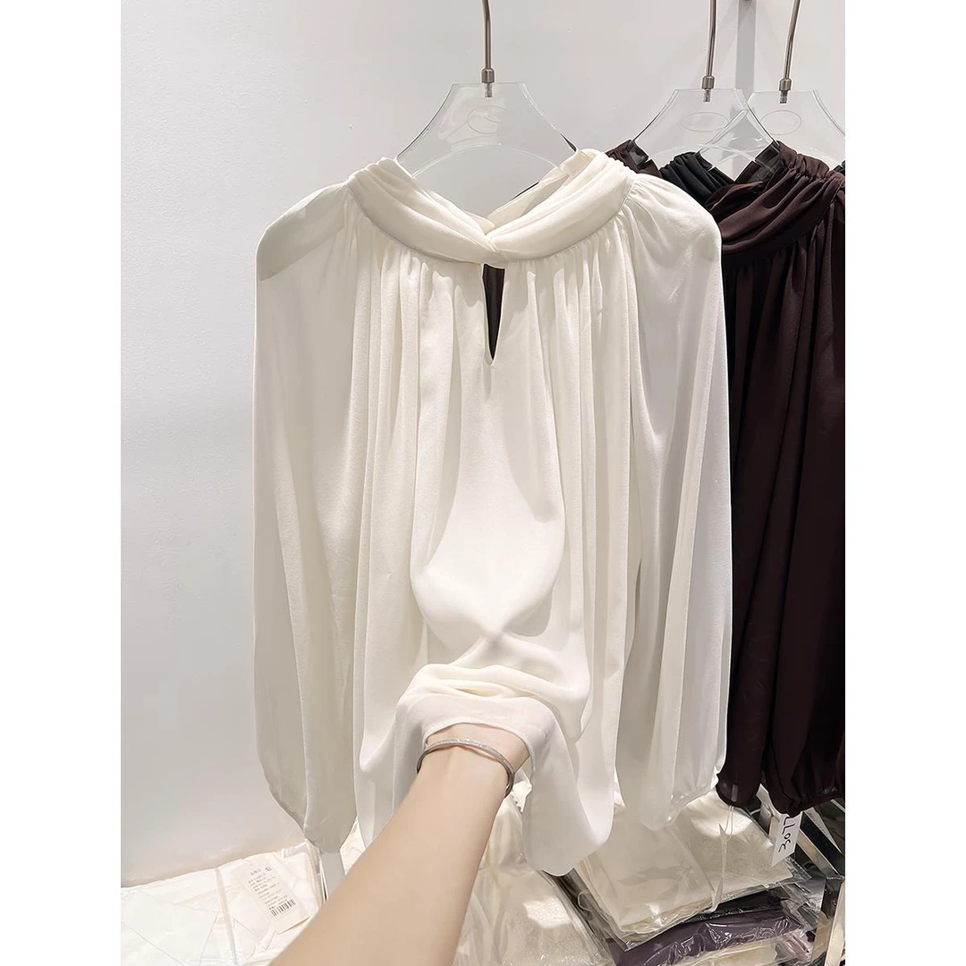 2025新款法式气质立领镂空褶皱纯色套头长袖雪纺衫女秋季薄款上衣