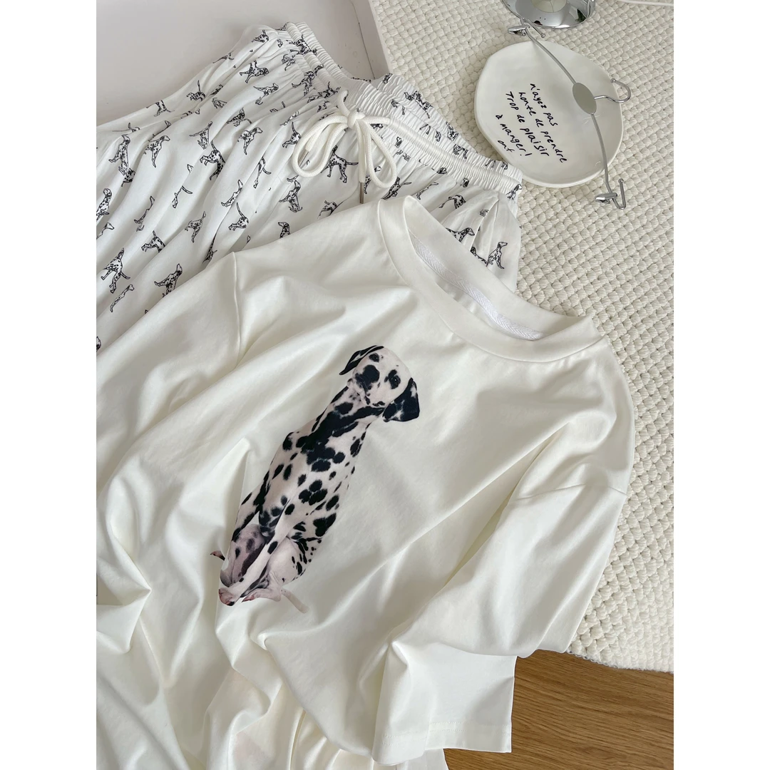 韩系ins慵懒风斑点狗印花短袖睡衣女夏季休闲T恤遛弯裤家居服套装