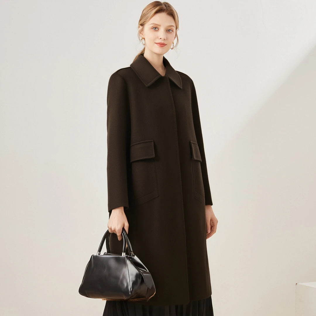 秋冬上新100%绵羊毛纯色翻领气质女式大衣25DAK1086