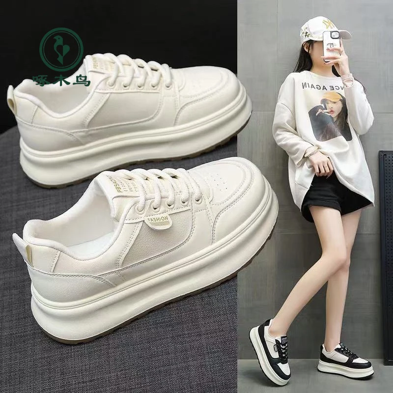 啄木鸟小白鞋女2025早春新款时尚百搭松糕厚底休闲运动板鞋808