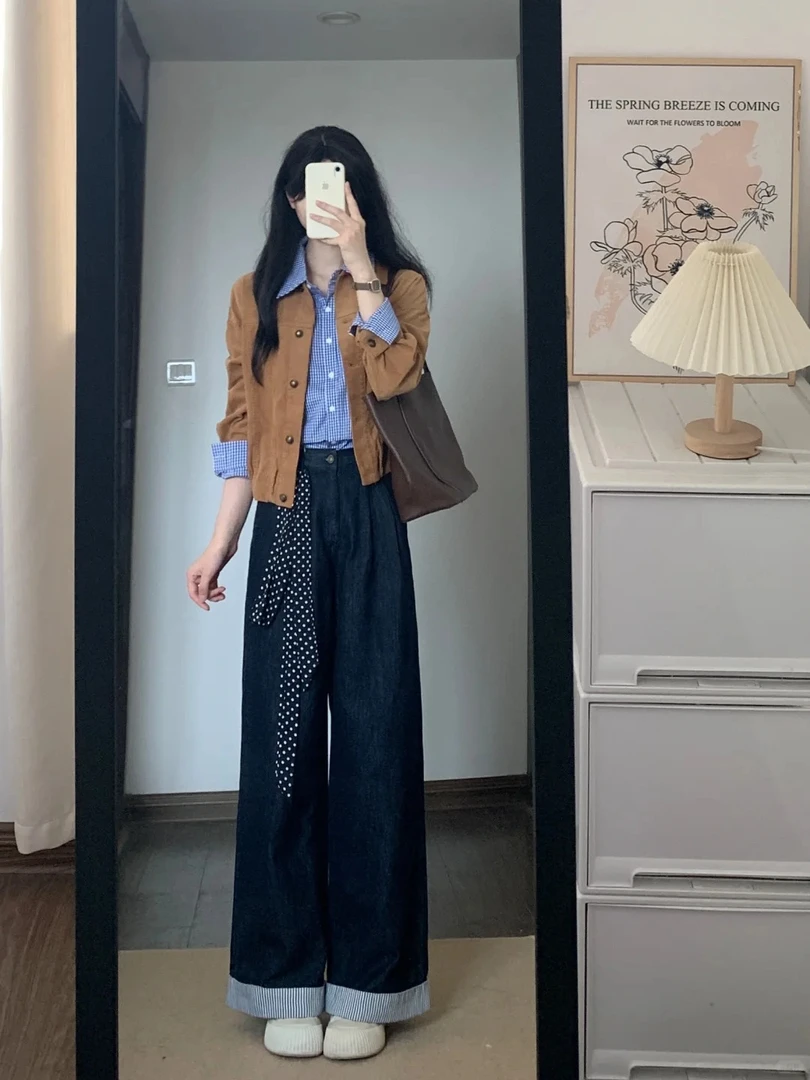 2025休闲穿搭一整套韩系小香风短外套格子衬衫上衣牛仔阔腿裤套装