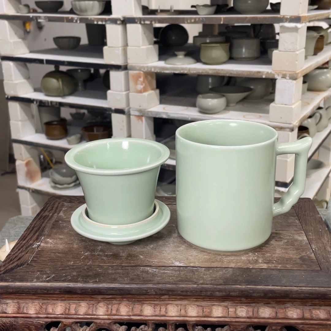 瓷片翠青釉大义茶水分离杯