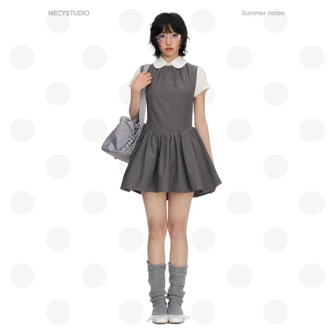 NECY 原创翅膀刺绣连衣裙 灰色气质蓬蓬裙夏季收腰显瘦无袖背心裙