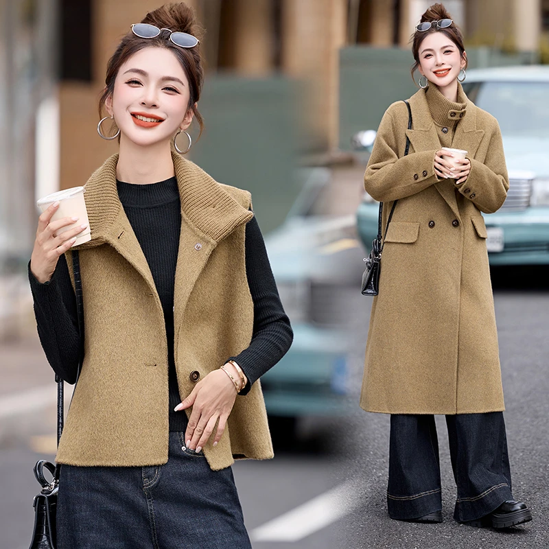 2025新款双面羊毛外套羊绒大衣女长款韩版高级感呢子外套两件套