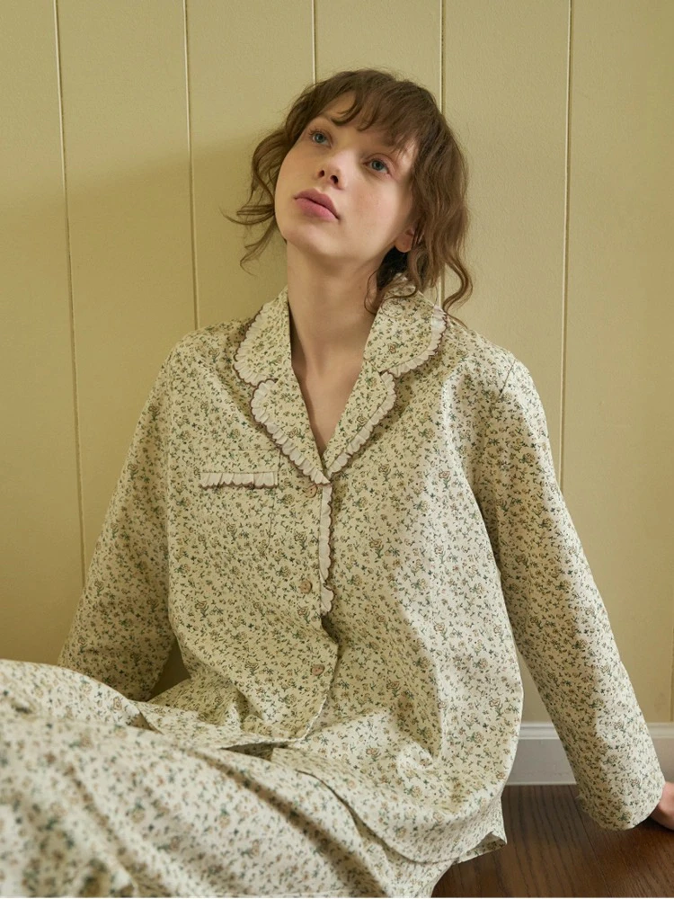 【树下优品】韩国UL家/新品纯棉简约碎花长袖睡衣女家居服套装24235