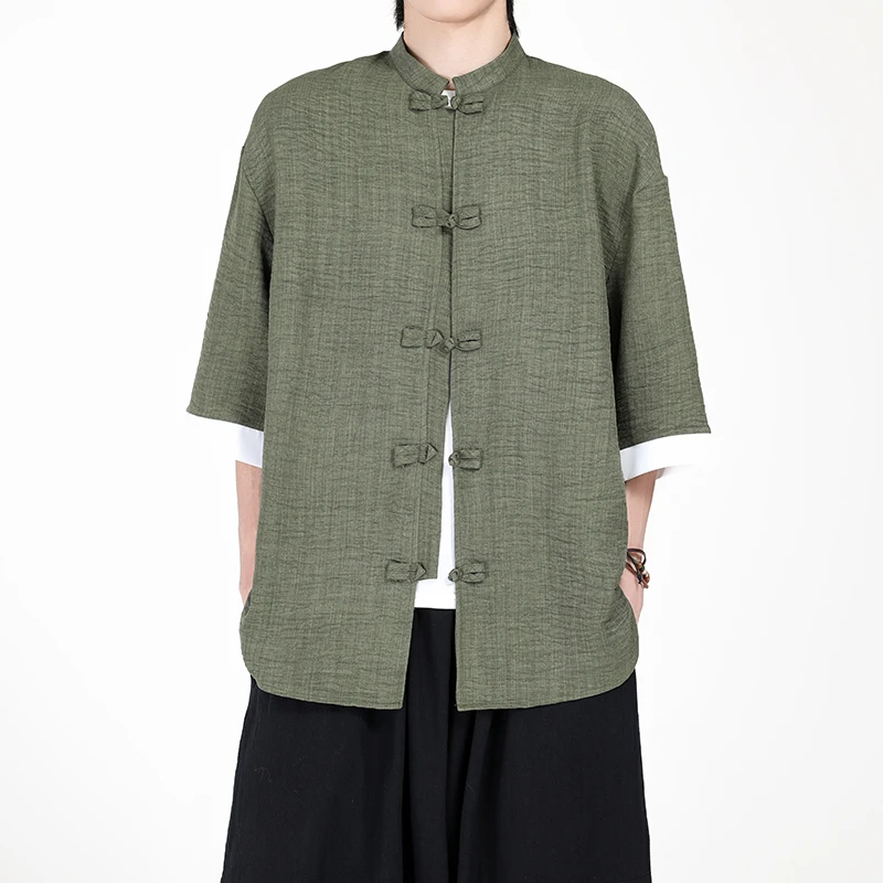 夏季中国风衬衫男汉服复古风潮牌盘扣居士服大码宽松青年唐装短袖