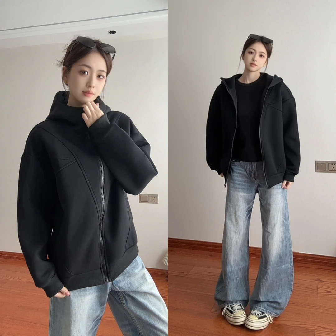 450G重磅解构连帽外套男秋冬潮牌设计感拼接开衫高街美式卫衣帽衫