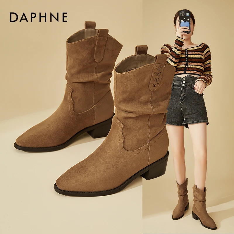 Daphne/达芙妮气质堆堆鞋女方头小短靴2025新款粗跟瘦瘦靴时装靴
