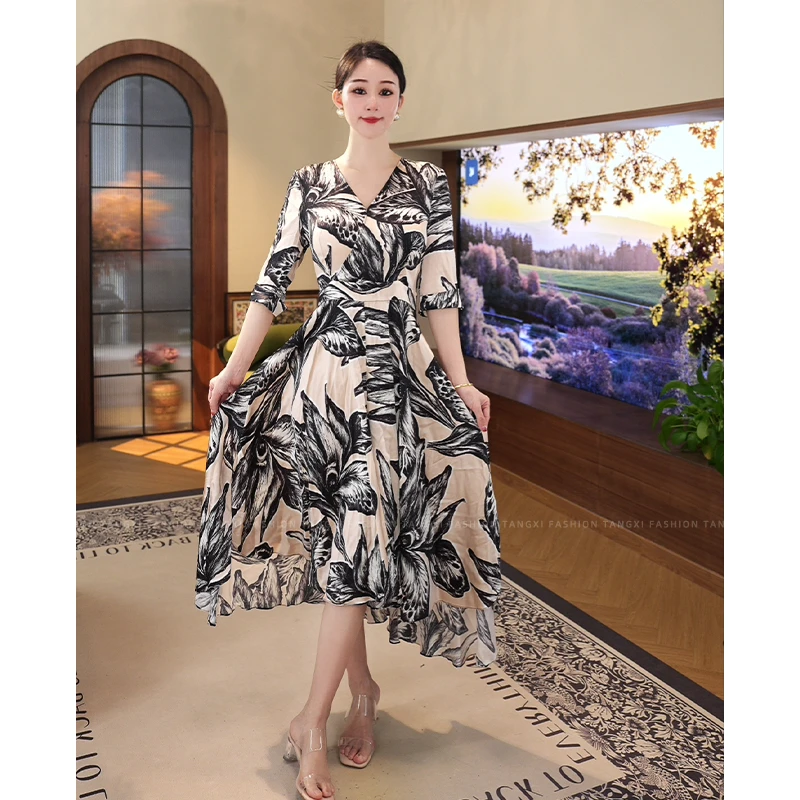 2025夏季新款【7231】法式轻奢女装高级感小众水墨印花V领连衣裙子