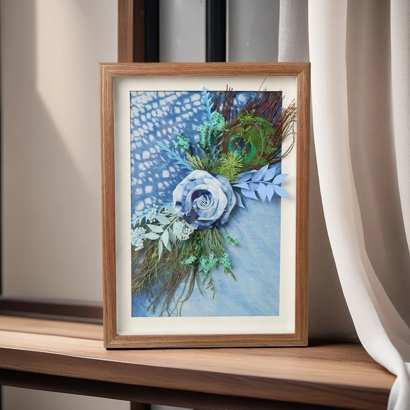 WabiNian云觅【海洋之心】蓝染扎染永生花孔雀羽非遗装饰画电视柜