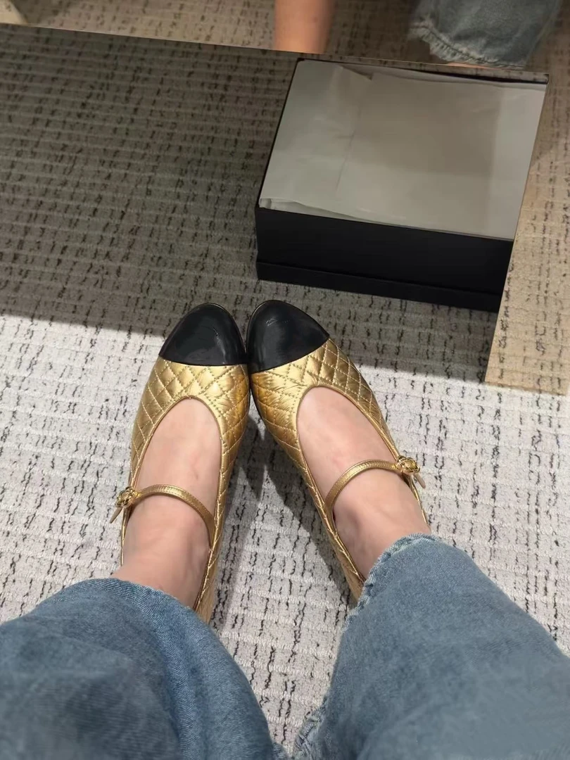 【CC】香家新款金色格纹玛丽珍鞋