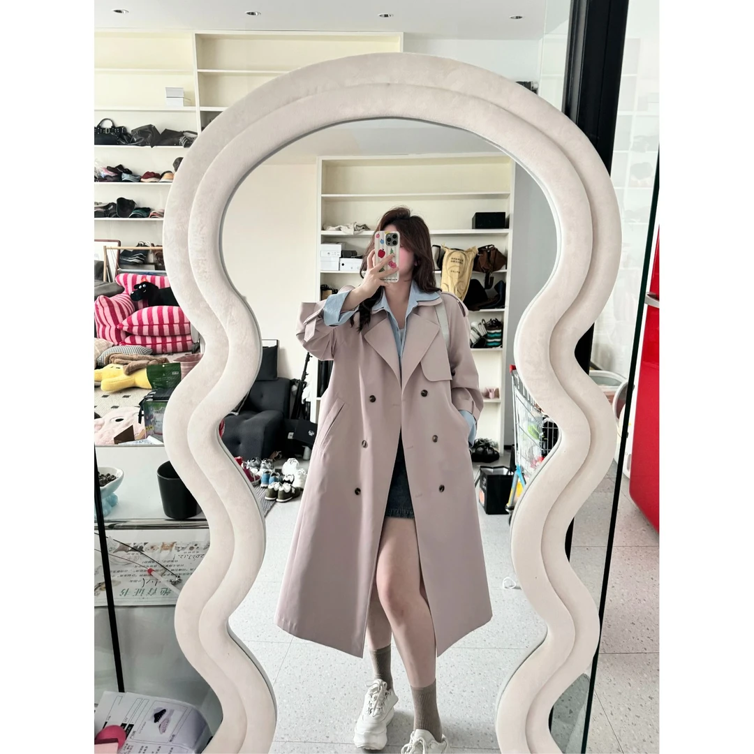 晶咕【格兰堡】经典英伦风假两件拼色带腰带中长款风衣外套