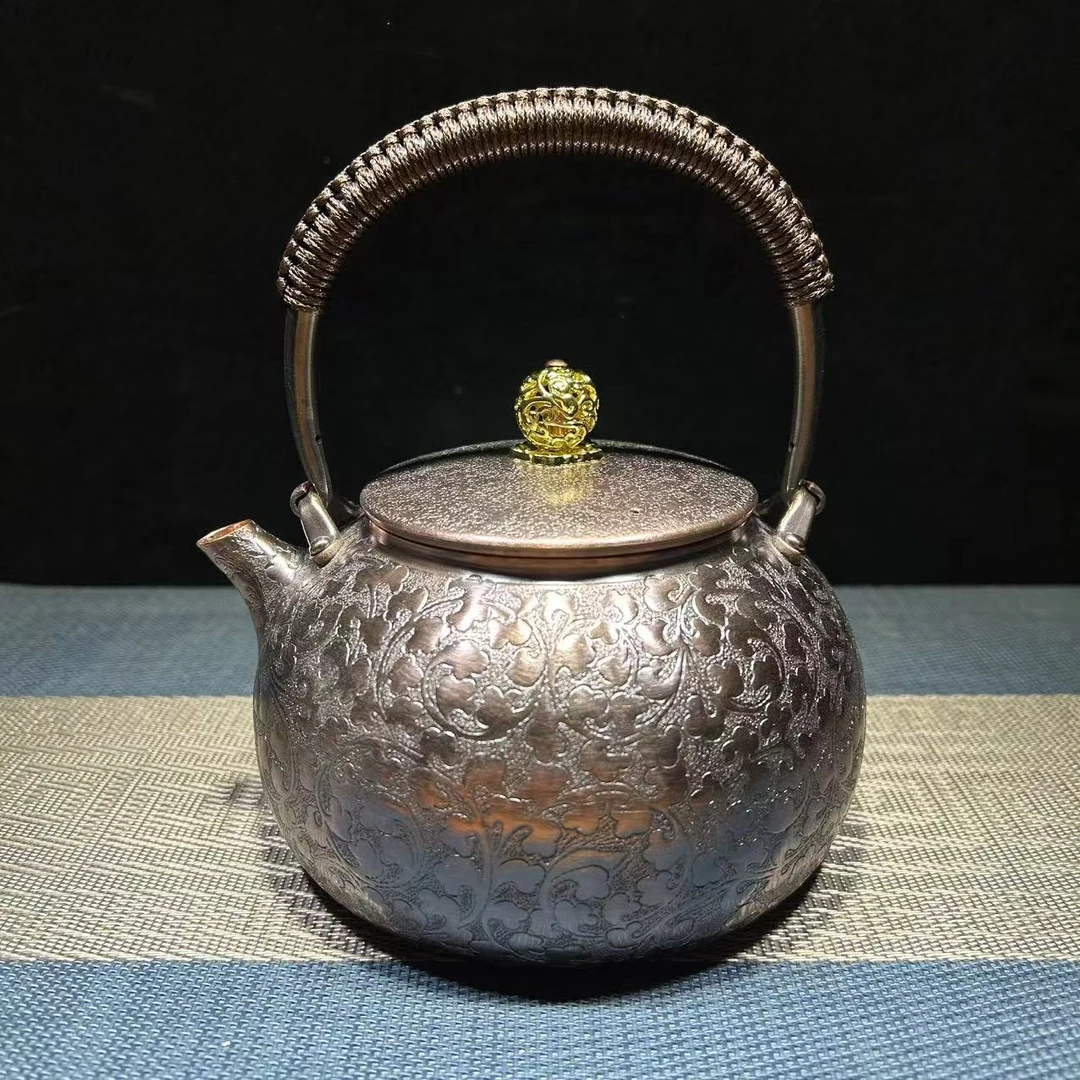 缠枝莲纹烧水壶紫铜煮茶壶加厚手工铜壶高端煮茶壶全手工铜壶