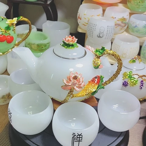 羊脂玉瓷琉璃中式珐琅彩年年有余一壶六杯礼盒套装