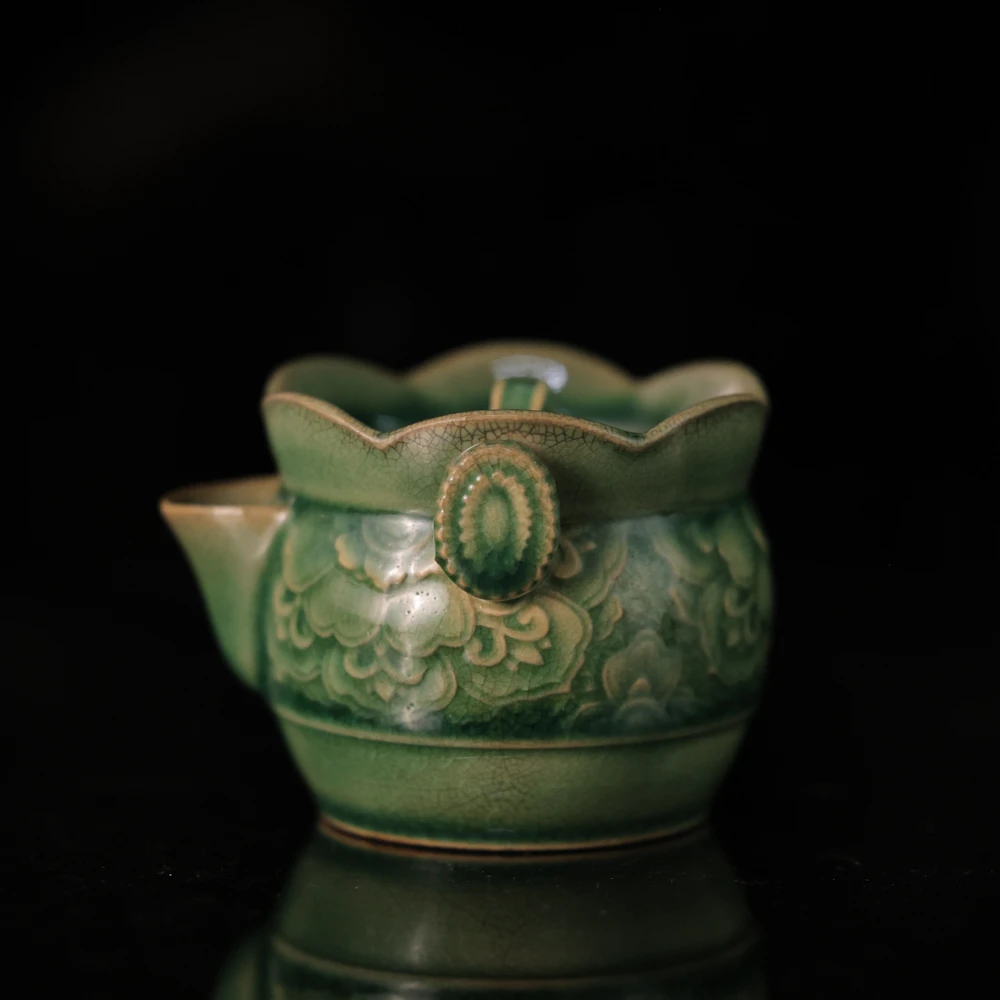 斋居【萱时】松影琉璃宝相雕刻僧帽泡瓶-茶壶110cc(W0761)