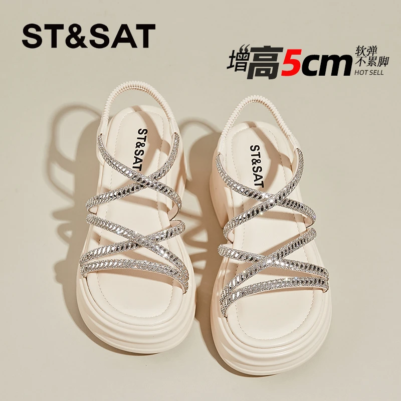 星期六百搭水钻一字带外穿沙滩凉鞋女2025夏季新款小个子增高凉鞋