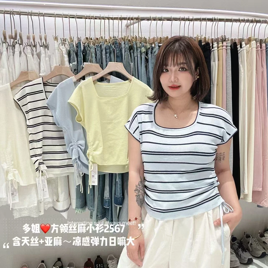 【多姐自卖】清仓♥方领丝麻小衫2567~很显瘦！短袖T恤薄针织衫上衣