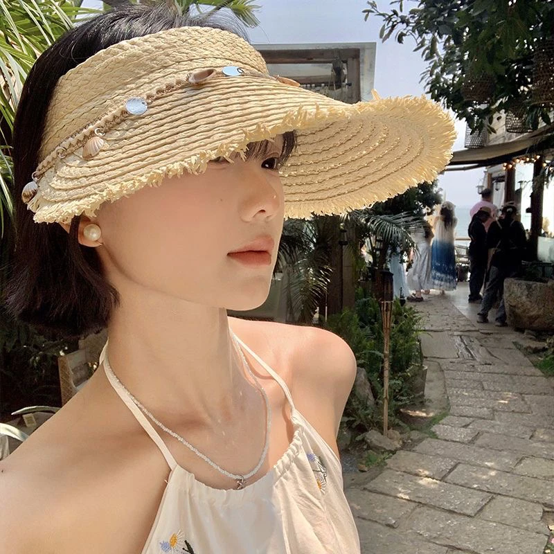 小贝壳拉菲草空顶防晒帽子女夏季2025新款大帽檐海边沙滩度假草帽
