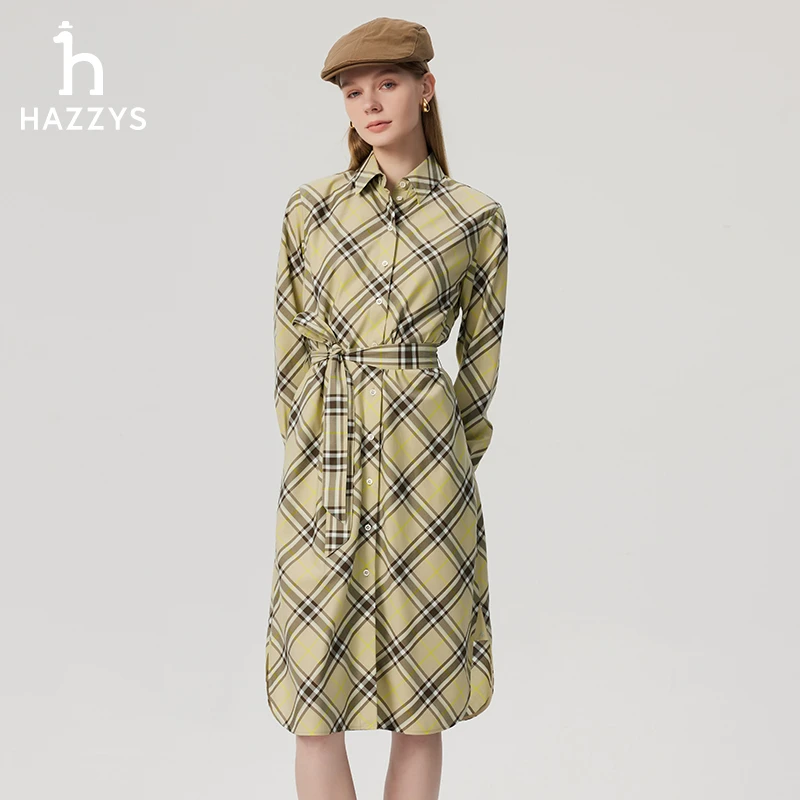 Hazzys哈吉斯春季女士衬衫连衣裙长袖格纹裙子