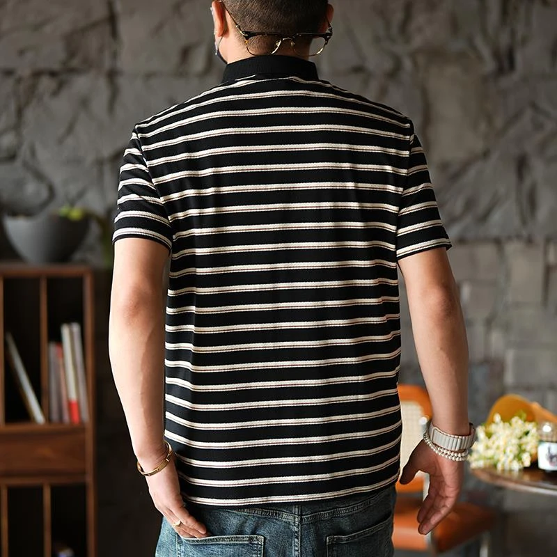 美式拼色条纹高级男士翻领polo衫春季流行贴布设计感透气短袖上衣