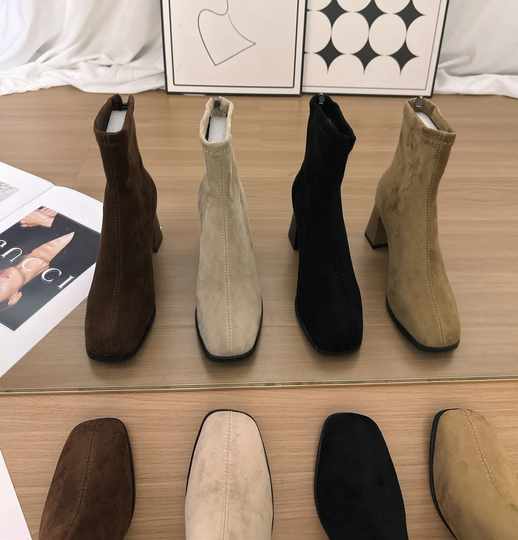 粗跟拉链冬季方头女短靴翻毛女靴女靴时装靴靴子