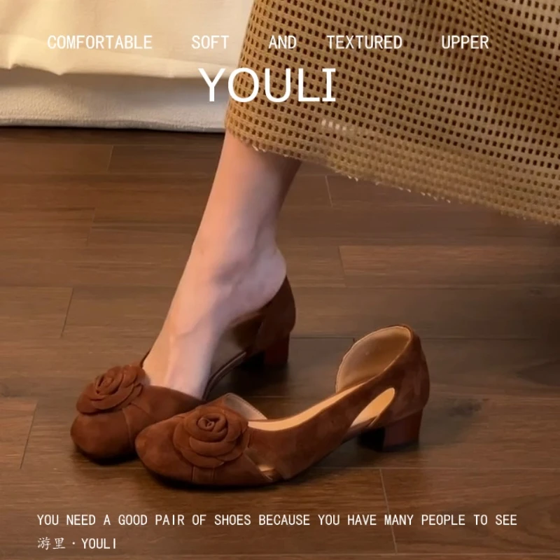 羊皮版~焦糖茶花！法式绝美夏季凉鞋女新中式气质新款单鞋粗跟复古