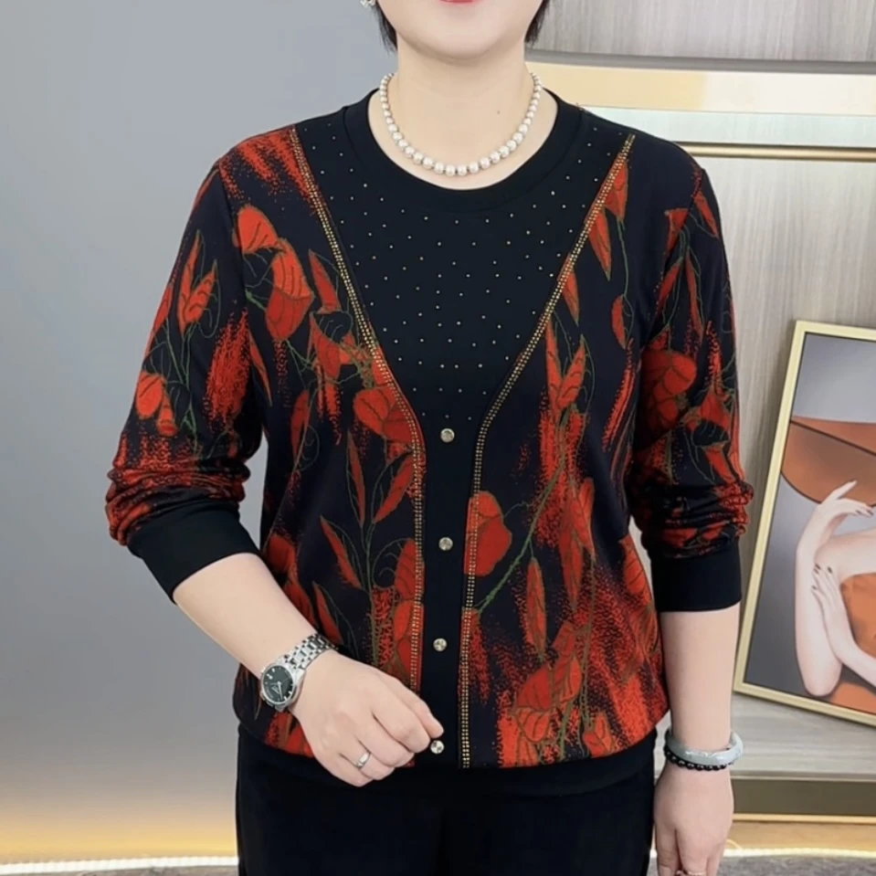 秋季新款时尚圆领假两件洋气妈妈装气质百搭减龄长袖上衣H9817