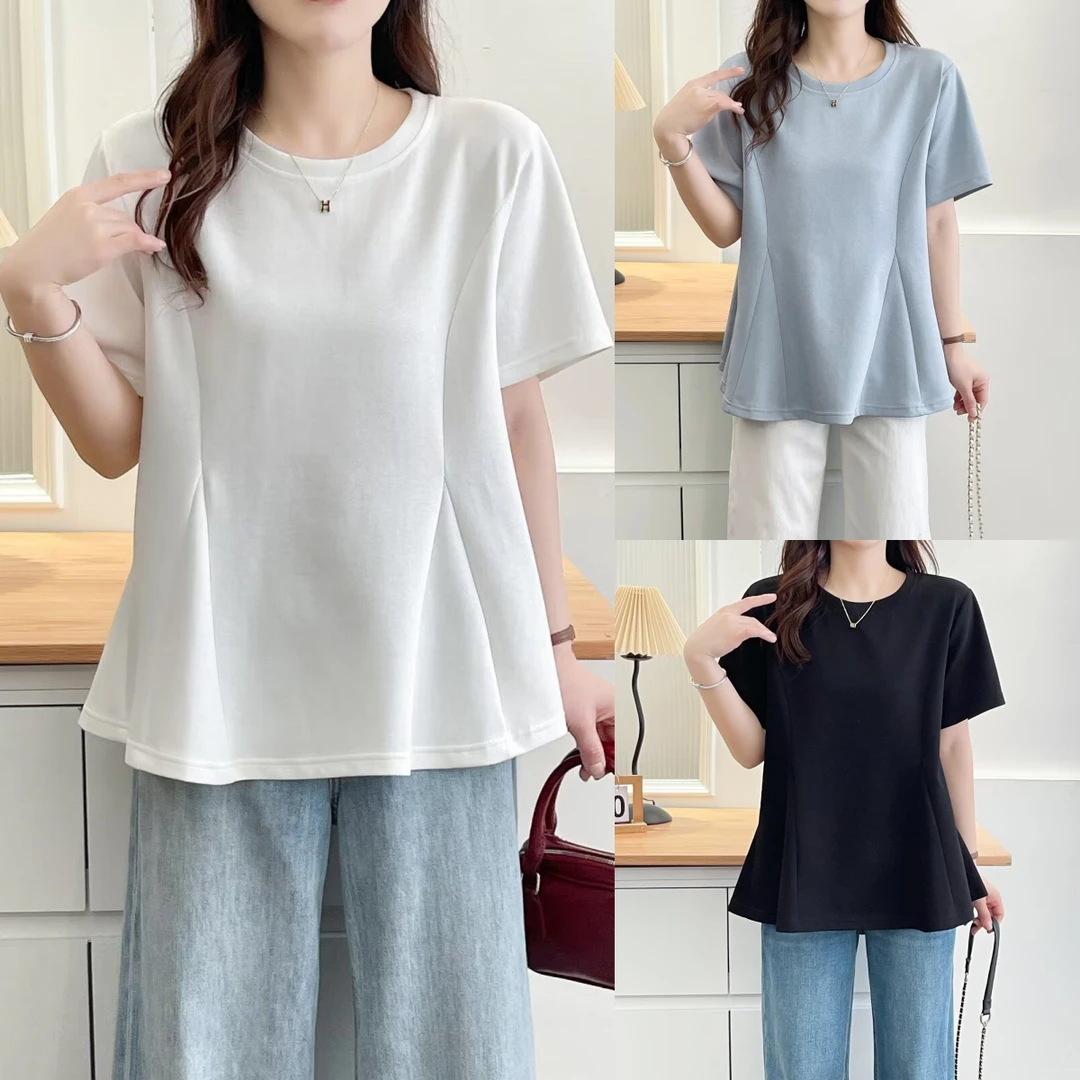 HUIZHIMEI/绘智美大码洋气显瘦设计感鱼尾下摆宽松圆领短袖t恤女