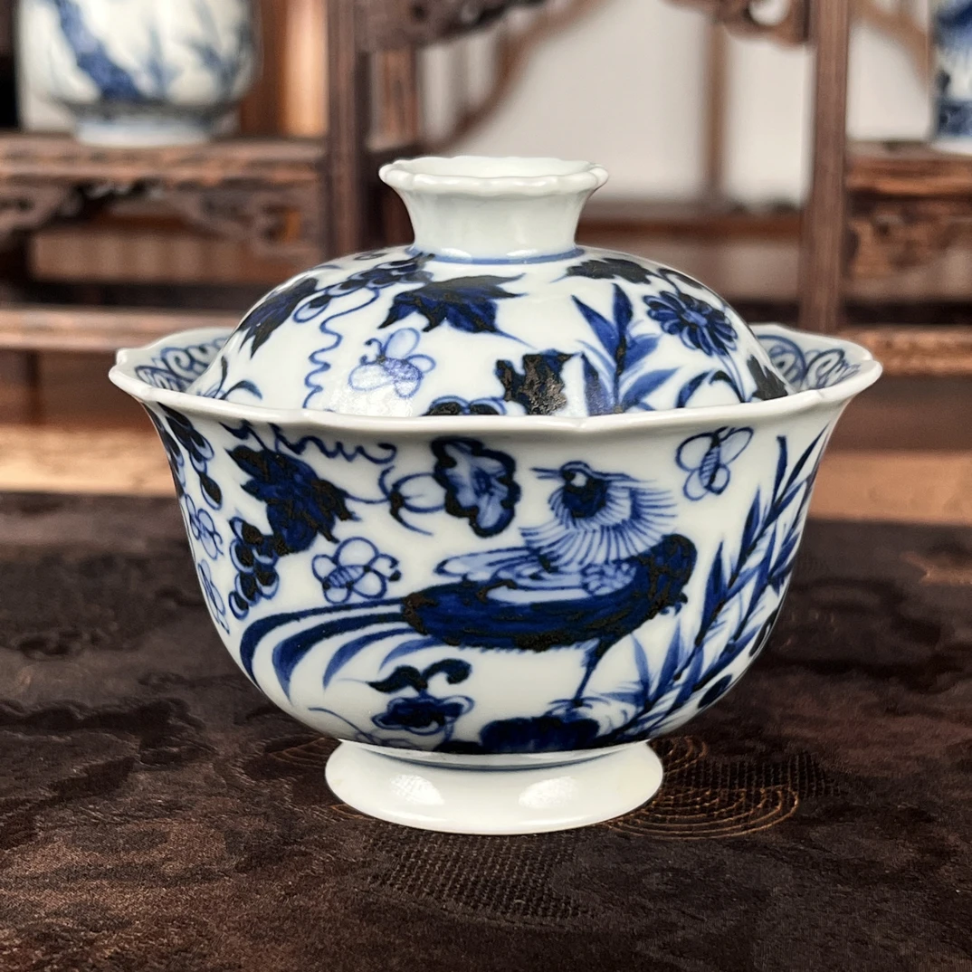 景德镇手绘元青花葵口锦鸡盖碗纯手工