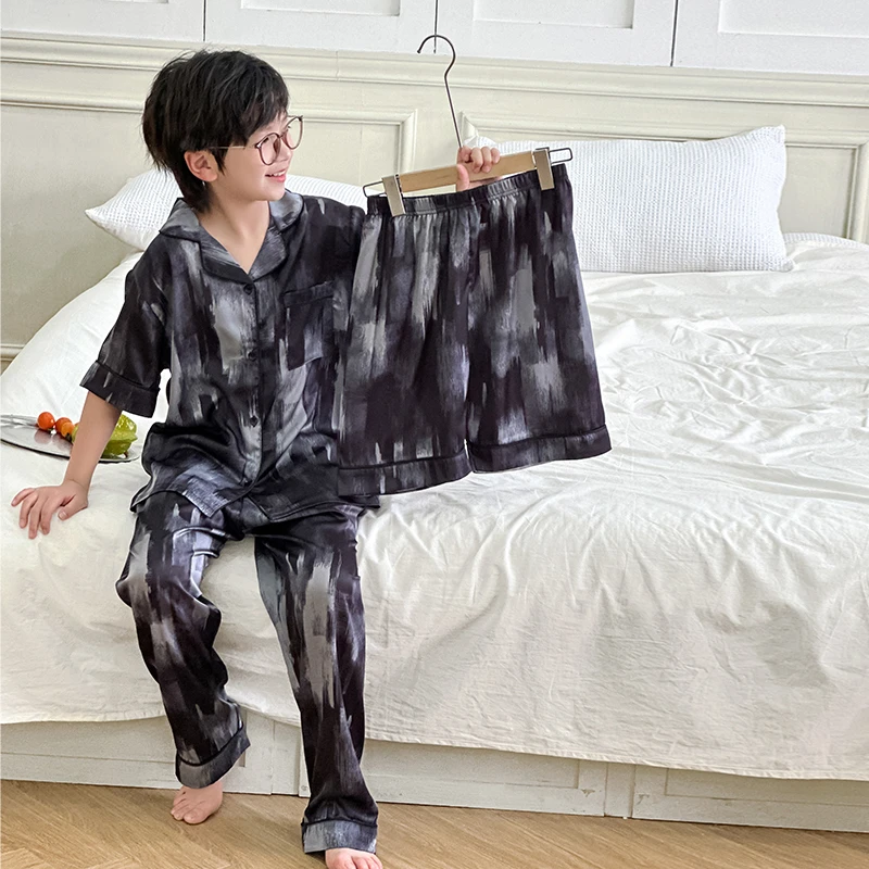 男童冰丝睡衣夏季薄款短袖家居服三件套装8-15中大童夏天薄空调服
