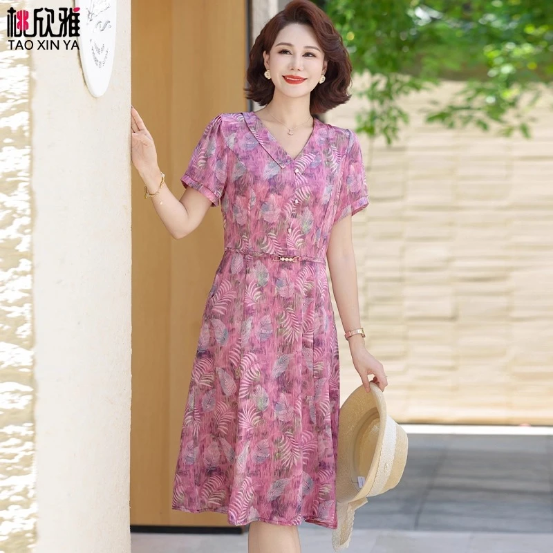 中年妈妈夏装短袖连衣裙2025新款中老年女夏季时尚翻领雪纺长裙子