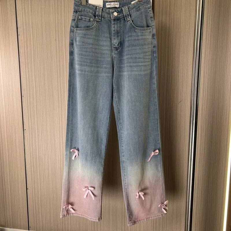 7096品牌撤柜mini复古蝴蝶刺绣牛仔裤修身高腰显瘦春秋直筒长裤