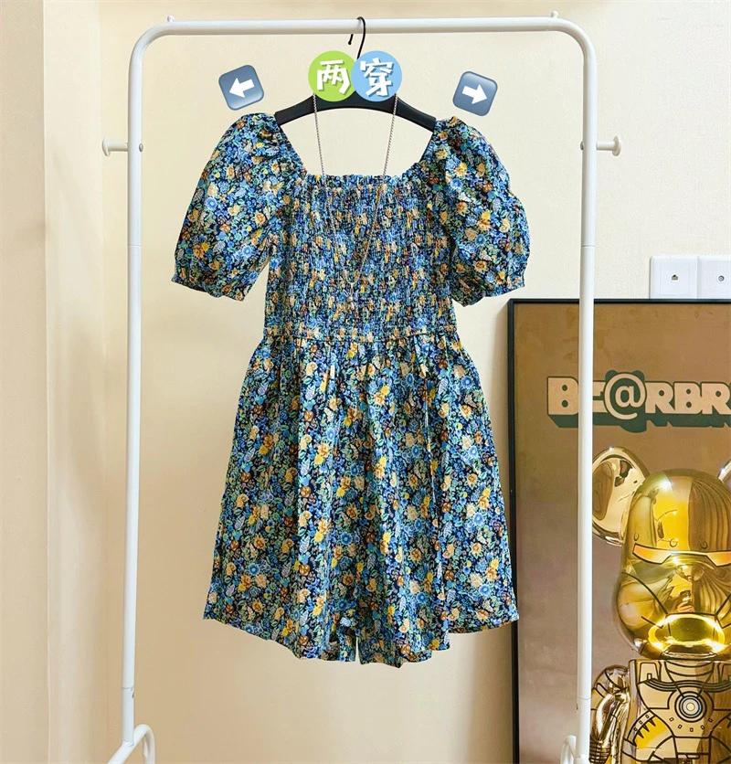 设计感纯欲风露肩碎花气质连衣裙女春季