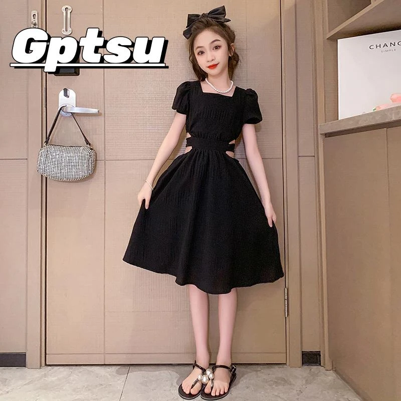 GPTSu女童赫本风黑色小方领泡泡连衣裙2025款儿童法式露腰公主裙