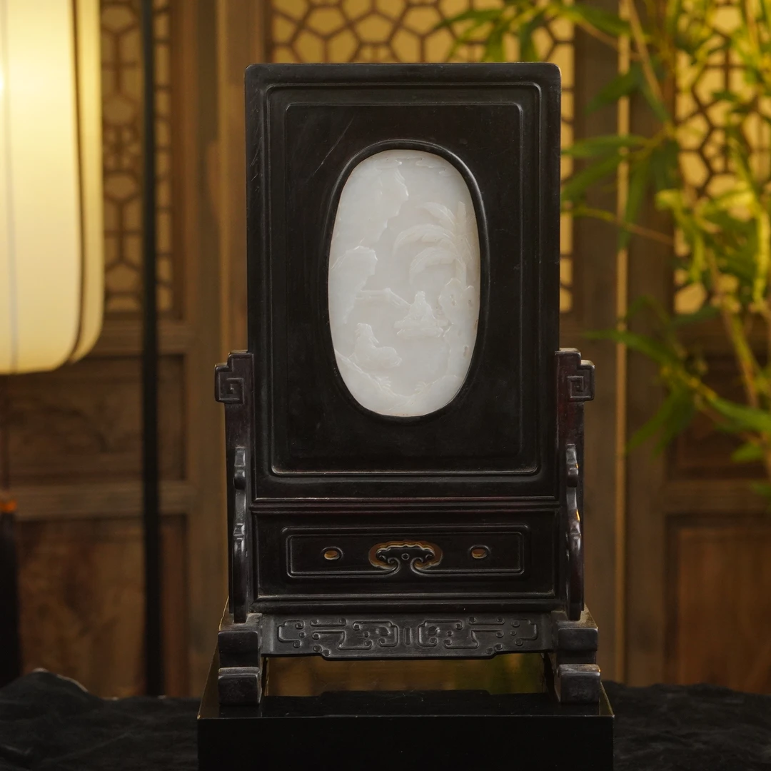 【清】白玉伯牙鼓琴屏风（带紫檀底座）（高30cm宽19cm重790g）