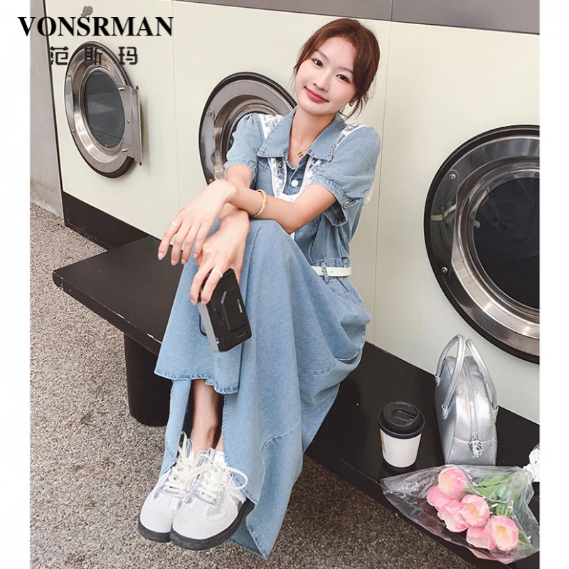 气质复古牛仔衬衫连衣裙女夏季2025新款港风独特别致收腰显瘦长裙