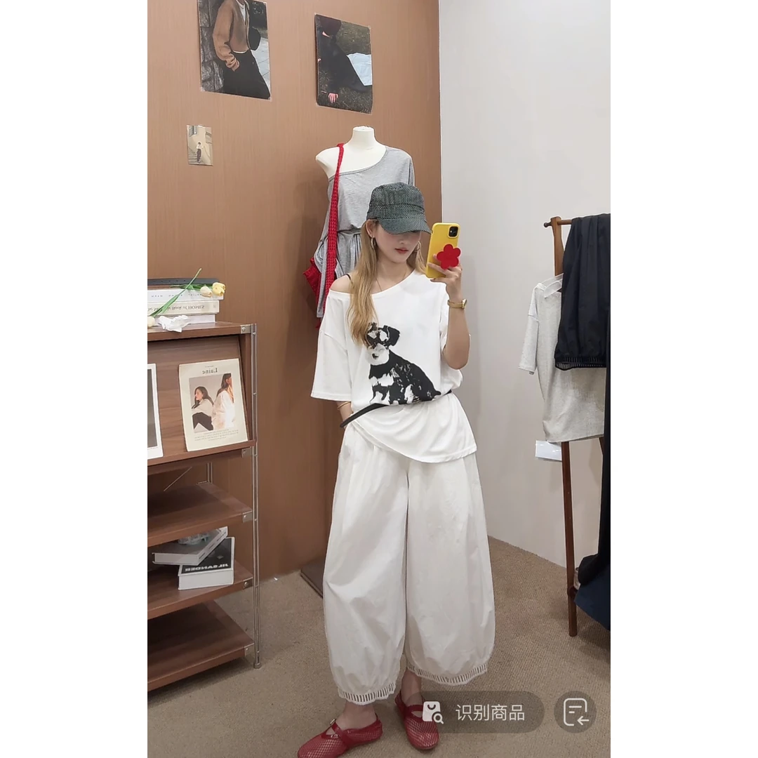 Elephant（9EP8650#)后松紧腰 镂空花边阔腿八分灯笼裤  9-58