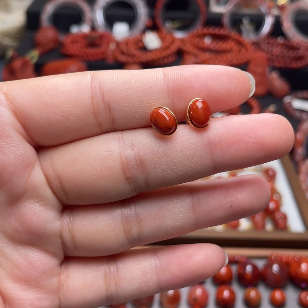 南红玛瑙银S925镶嵌小蛋面耳钉开播福利款