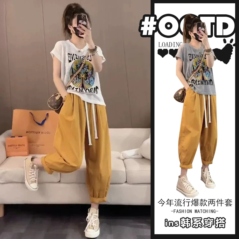 可甜可盐炸街套装女夏季新款时尚气质印花短袖上衣遮胯显瘦休闲裤