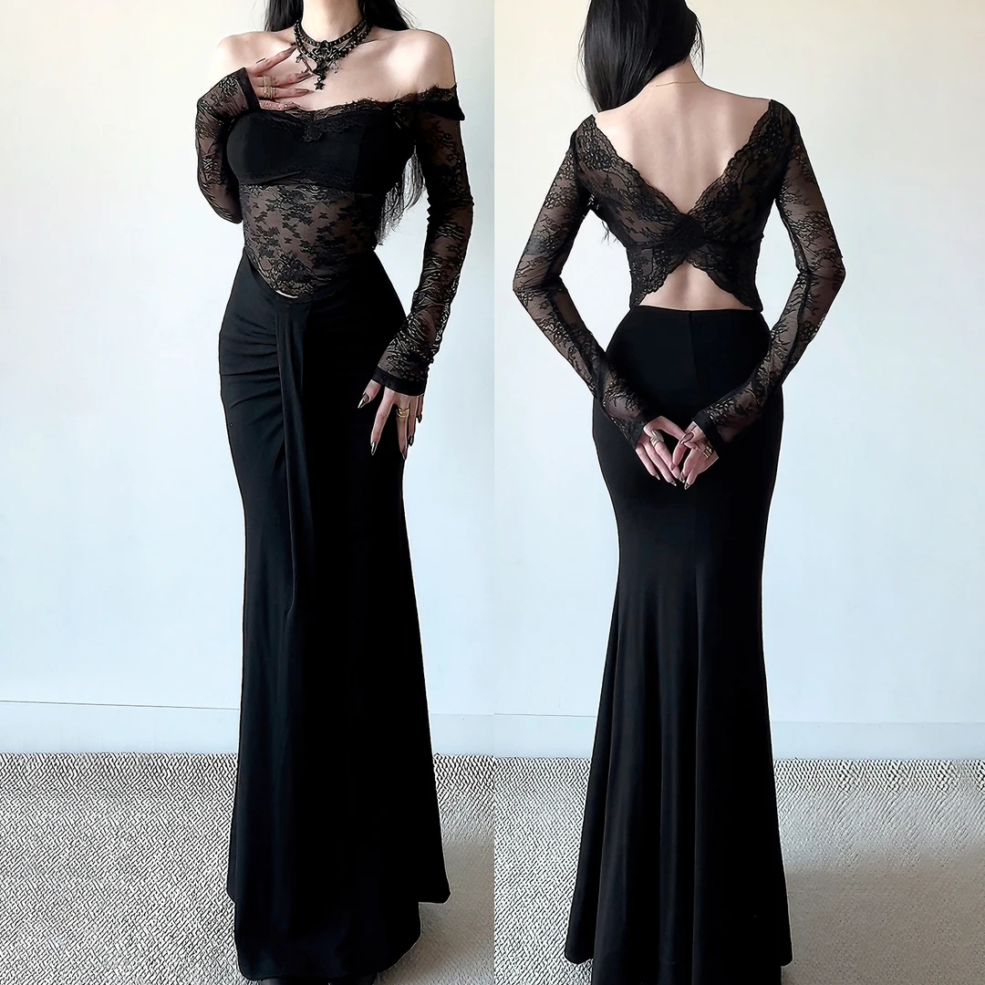 【运补8r】黑色蕾丝套装女秋冬款轻奢名媛性感露腰上衣半身裙两件套