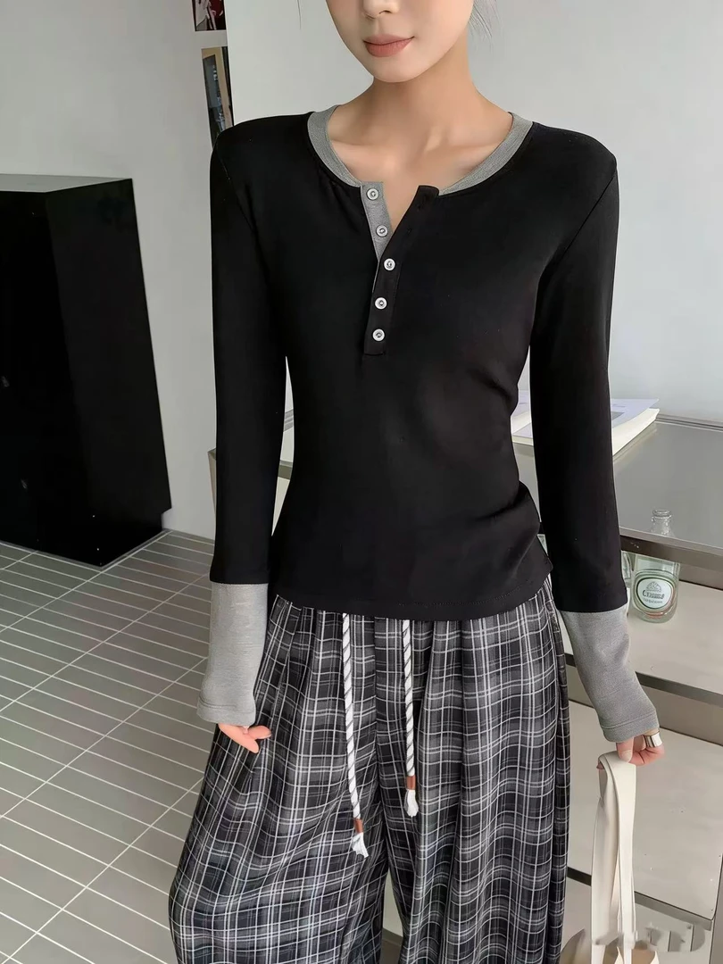 假两件拼接秋季新款修身显瘦长袖6634