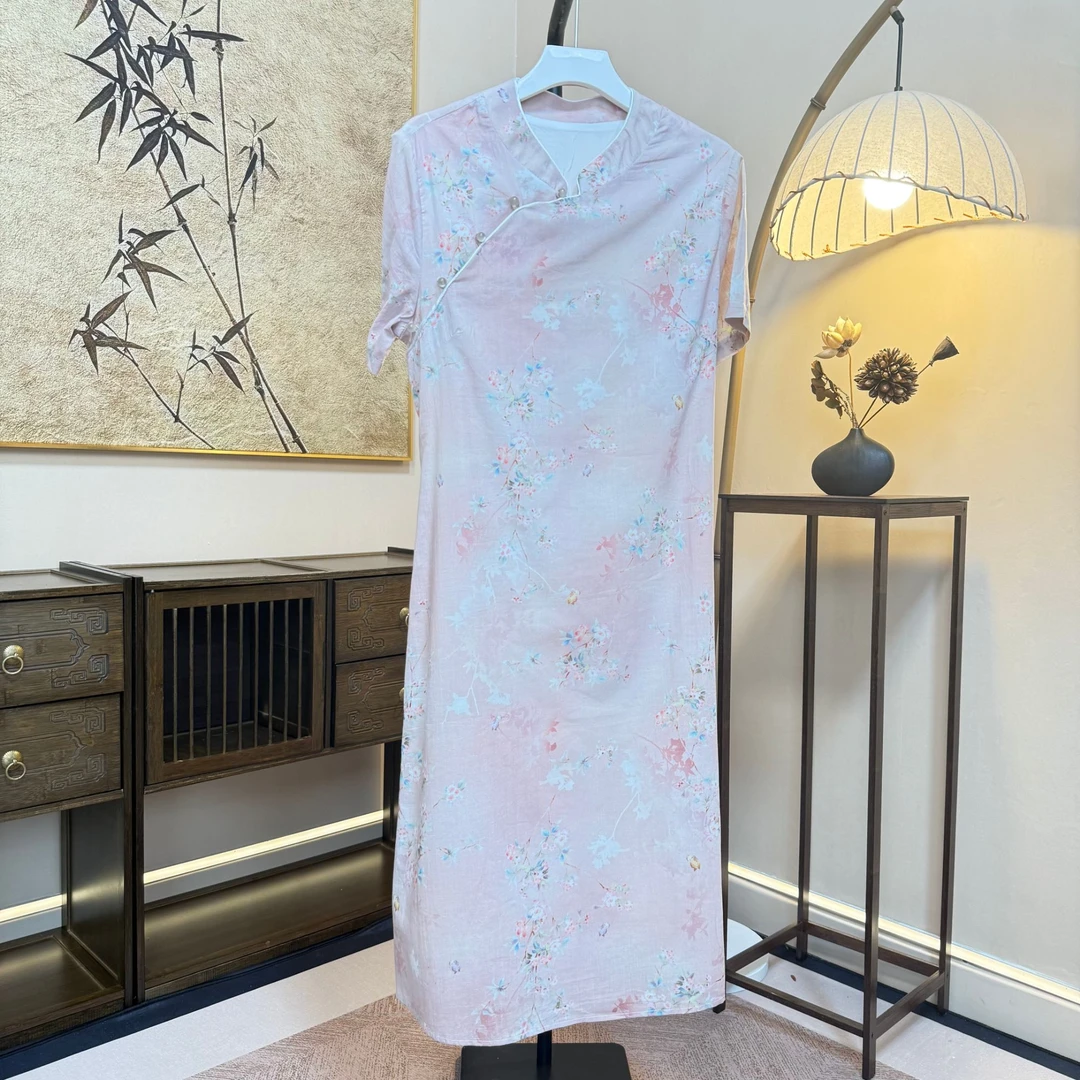 【梅染】大码旗袍长款连衣裙胖MM中式连衣裙宽松遮肚子高端显瘦004