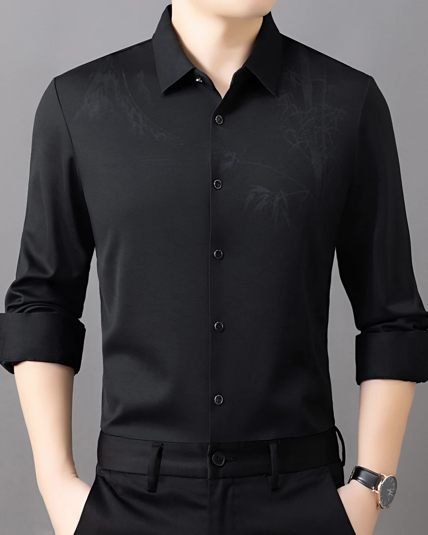 男士抗皱韩版竹子印花男士衬衫修身上衣无痕轻奢