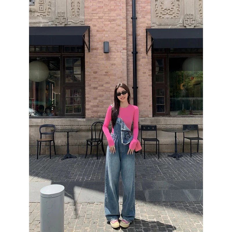 韩系甜酷风设计感洋气修身显瘦小众圆领长袖上衣收腰背带裤直筒裤